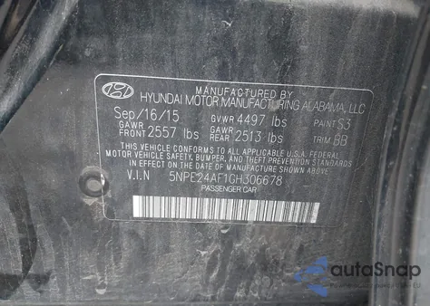 2016 Hyundai Sonata Se из США, поврежденный, VIN 5NPE24AF1GH306678